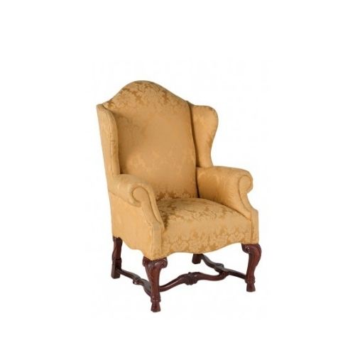 Gold Damask Wingback Chair with Mahogany Legs