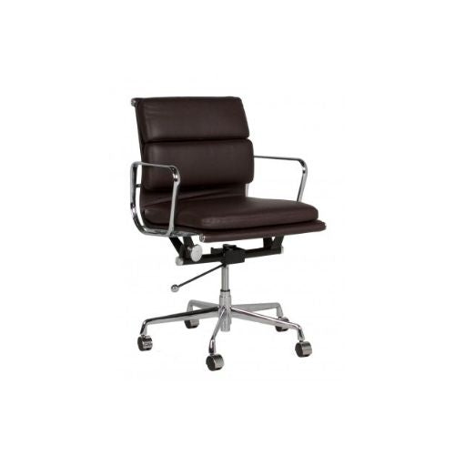 Brown Leather Pillow Back Mid Back Chair with Polished Chrome Base