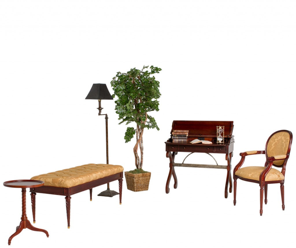 48"W Tufted Gold Bench with Gold Fabric Seat with Mahogany Frame
