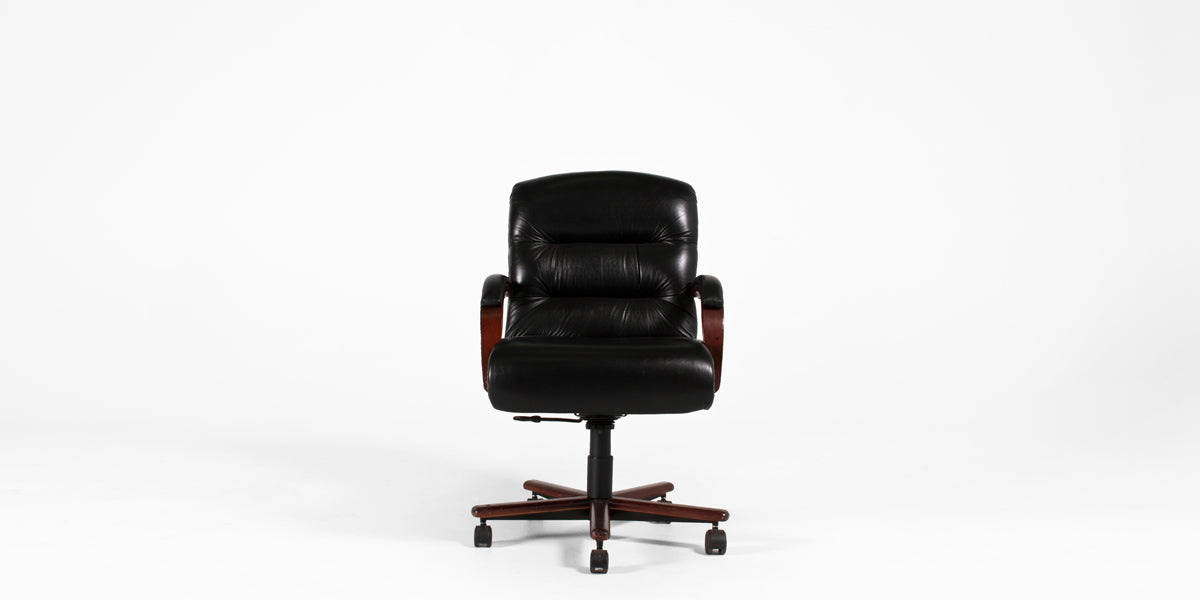 Black Vinyl Mid Back Chair with Mahogany Arms
