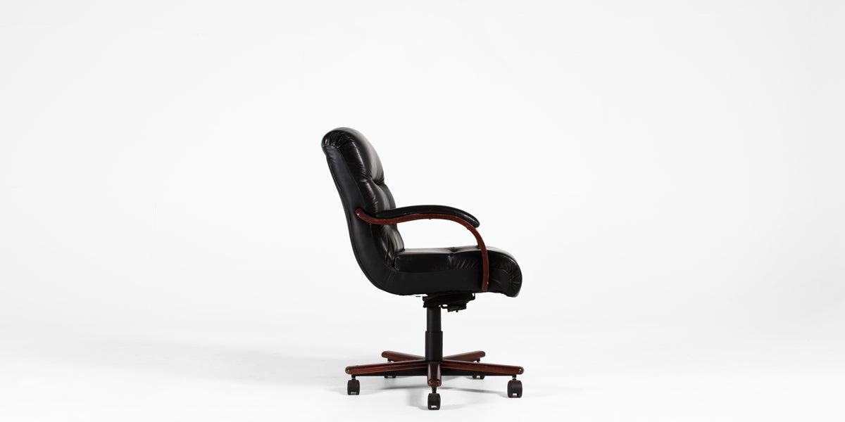 Black Vinyl Mid Back Chair with Mahogany Arms