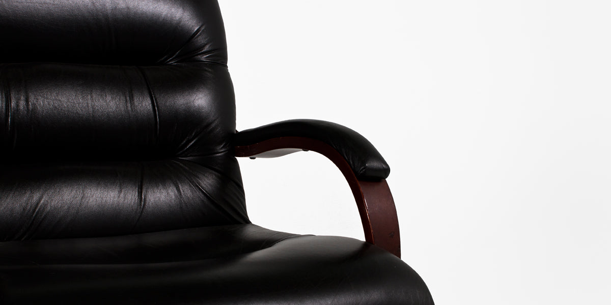 Black Vinyl Mid Back Chair with Mahogany Arms