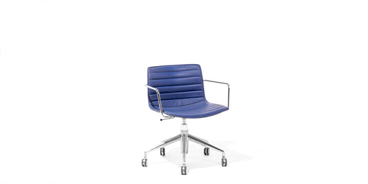 Blue Leather Mid-Back Chair with Chrome Base
