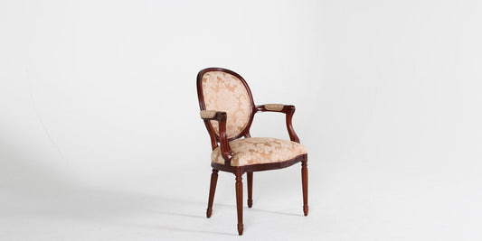 Mahogany Round Back Chair/Beige & gold Damask Fabric