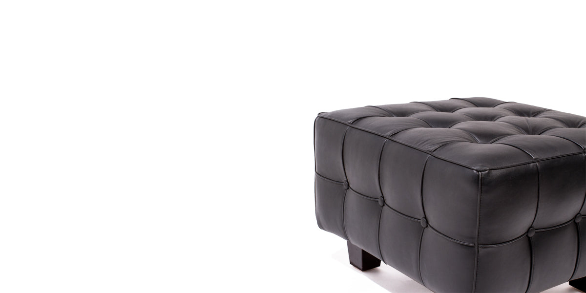 Black Button Tufted Leather Ottoman