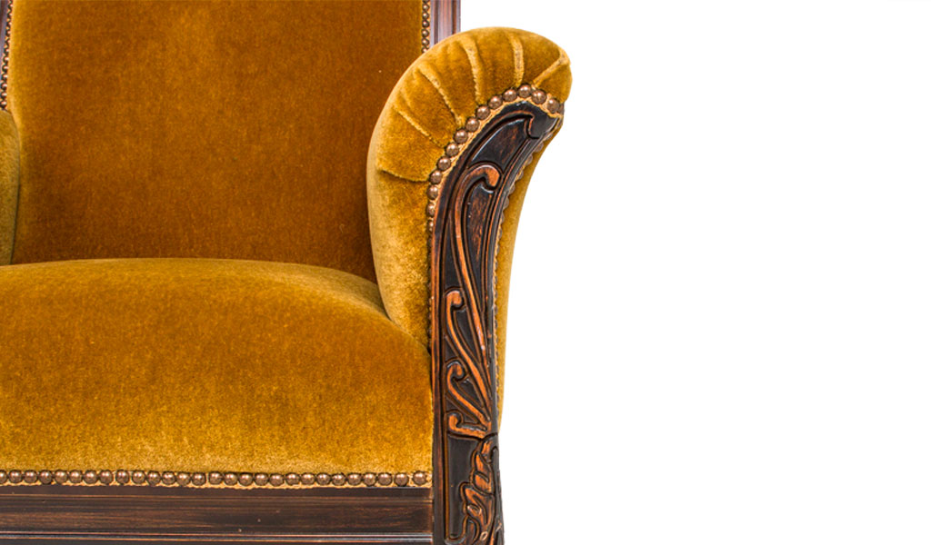 Gold Fabric Arm Chair- Mahogany Frame