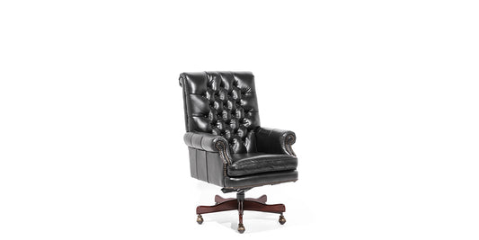 High Back Tufted Swivel Chair - Black Leather