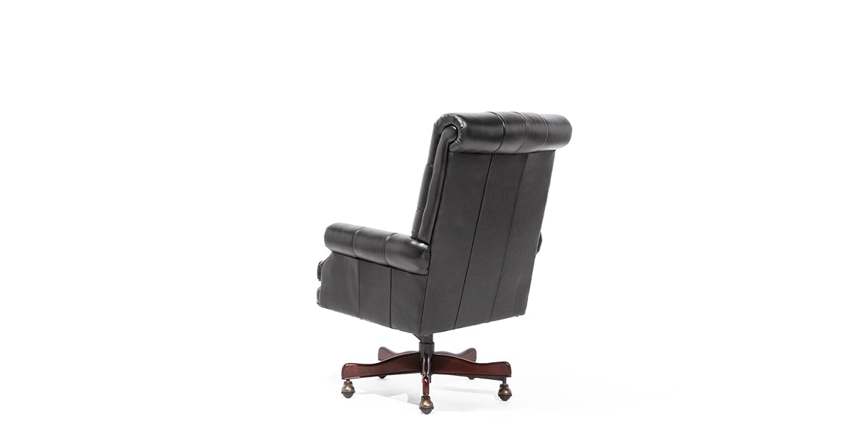 High Back Tufted Swivel Chair - Black Leather