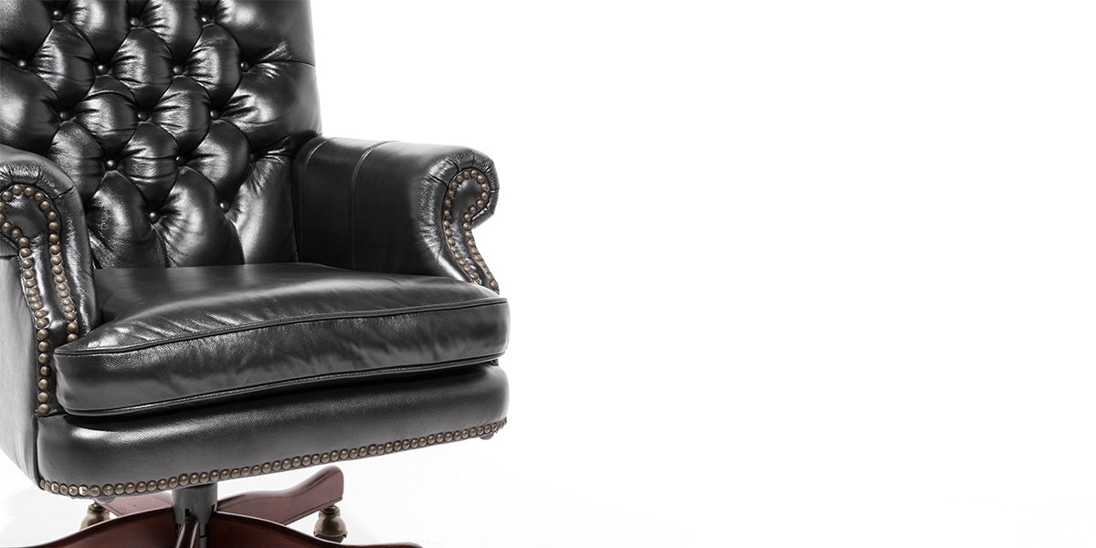 High Back Tufted Swivel Chair - Black Leather