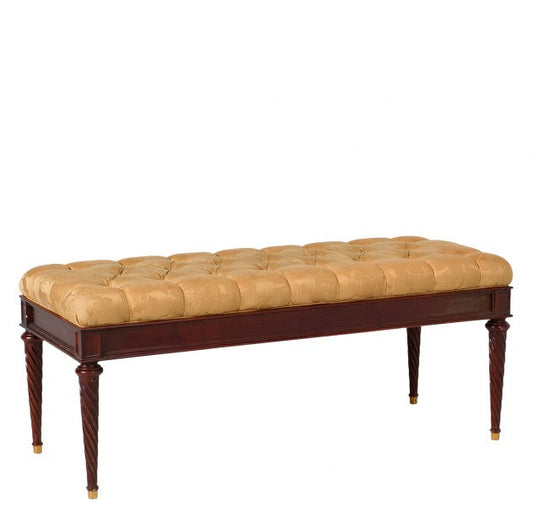 48"W Tufted Gold Bench with Gold Fabric Seat with Mahogany Frame