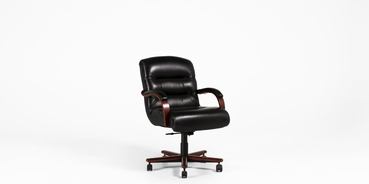 Black Vinyl Mid Back Chair with Mahogany Arms