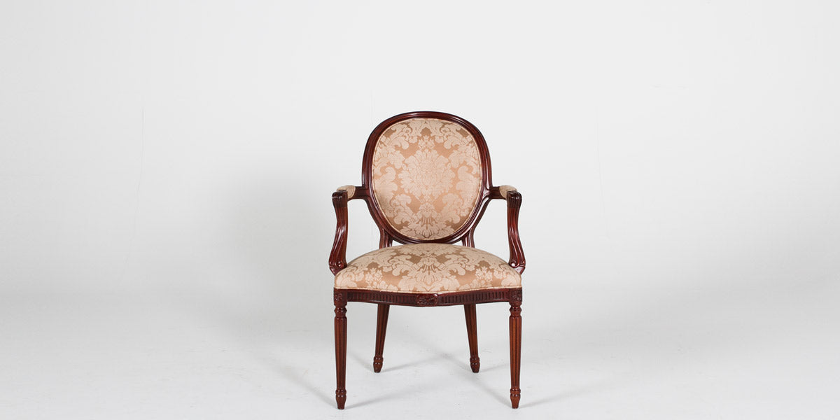 Mahogany Round Back Chair/Beige & gold Damask Fabric