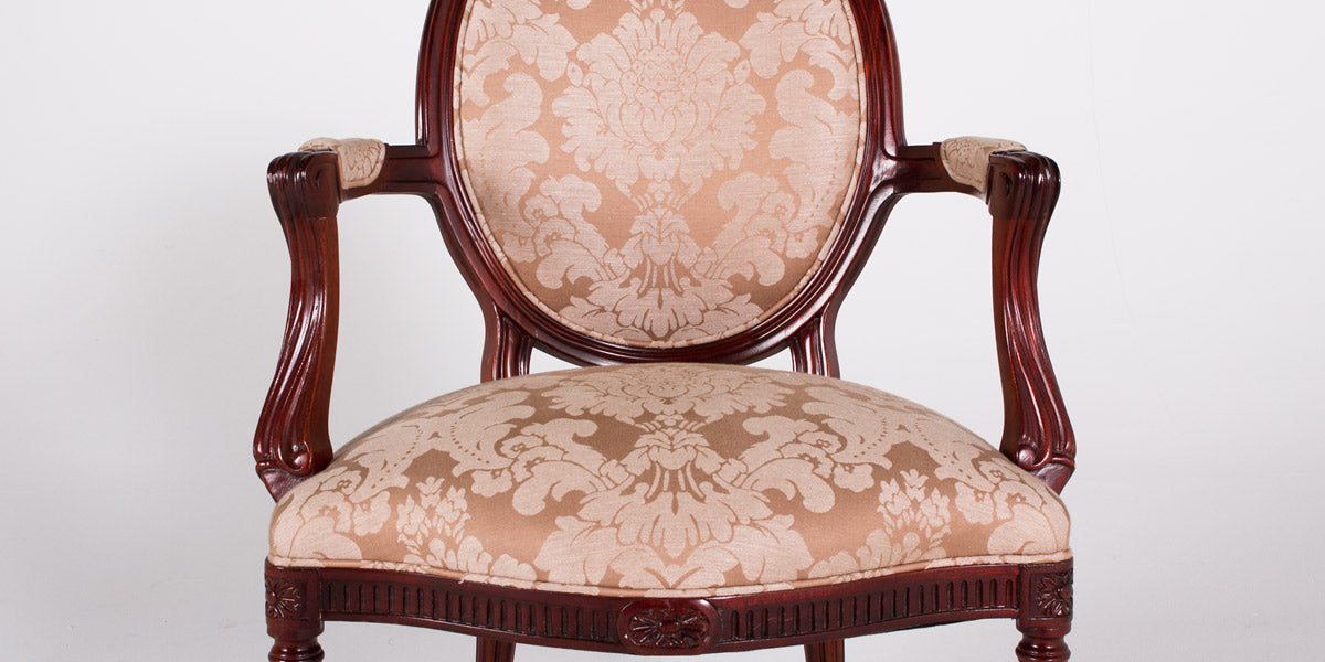 Mahogany Round Back Chair/Beige & gold Damask Fabric