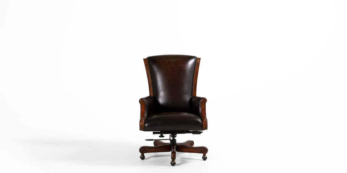 Brown Leather High Back Chair with Brass Nailhead